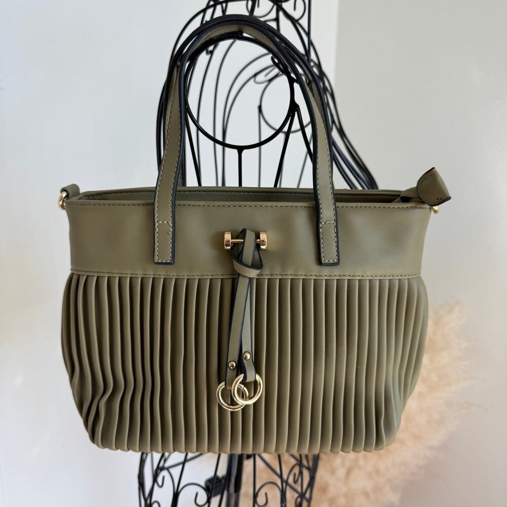 Boutique Olive Green Mini Pleated Faux Leather Purse Preppy, Western, Equestrian